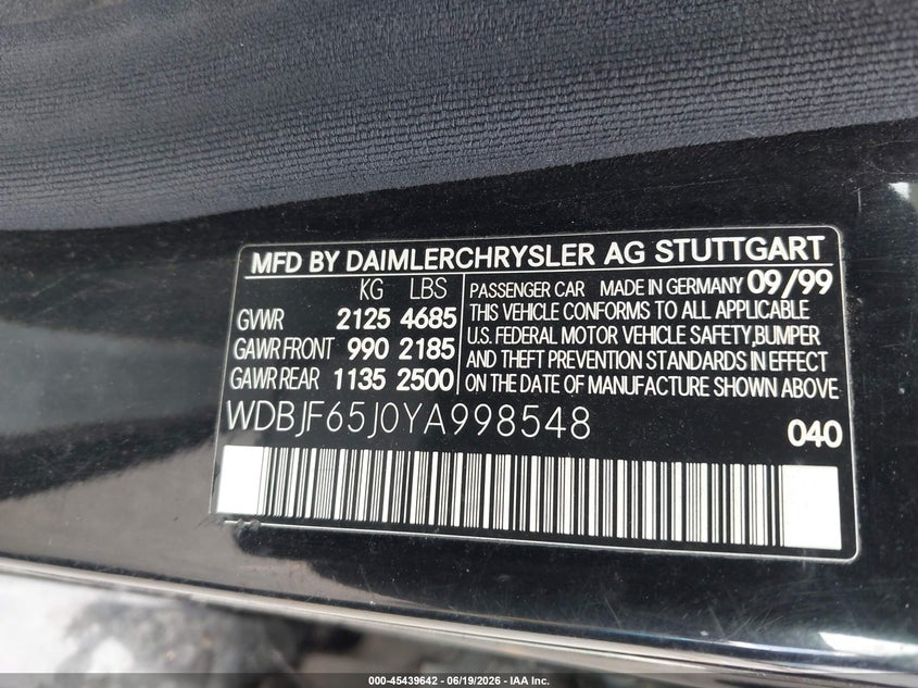 2000 Mercedes-benz E-class VIN WDBJF65J0YA998548 IAAI salvage auction — NORMAL WEAR, Clear - Dealer Only (California), sold $325 on 2026-07-20 (photo 9)