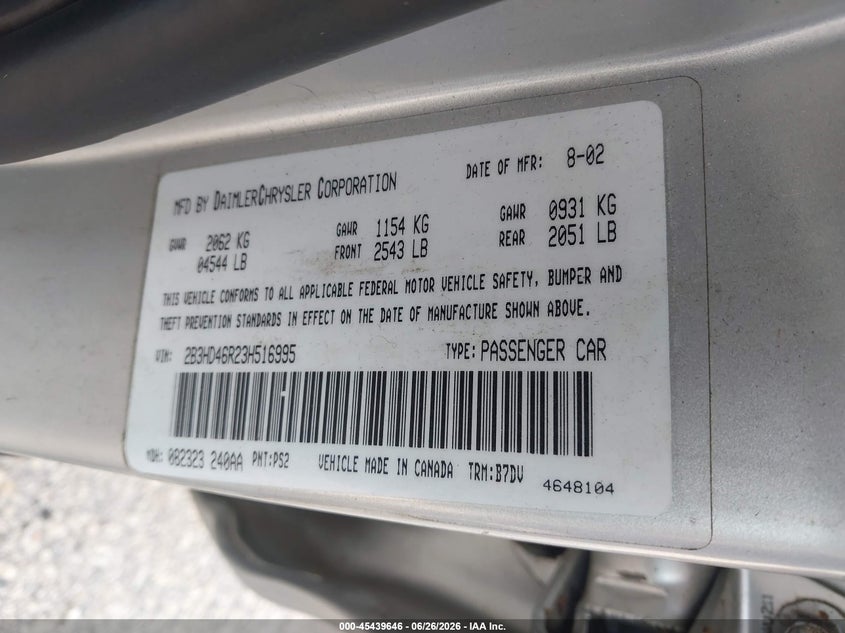 2003 Dodge Intrepid VIN 2B3HD46R23H516995 IAAI salvage auction — NORMAL WEAR, Clear-Endorsement (Wisconsin), sold $450 on 2026-08-02 (photo 9)