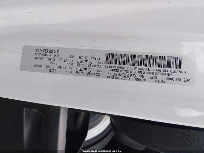 2015 Ram Promaster 2500 VIN 3C6TRVCD5FE509734 IAAI salvage auction — NORMAL WEAR, Clear (Connecticut), sold $3,250 on 2026-07-09 (photo 9)