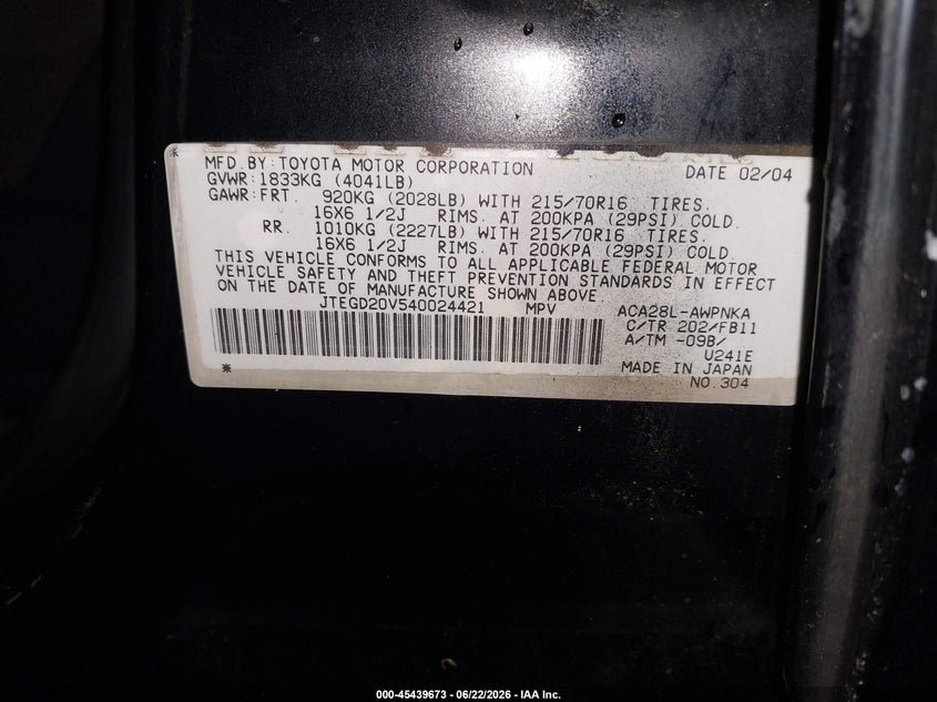 2004 Toyota Rav4 VIN JTEGD20V540024421 IAAI salvage auction — NORMAL WEAR, Clear (New Jersey), sold $900 on 2026-07-13 (photo 9)