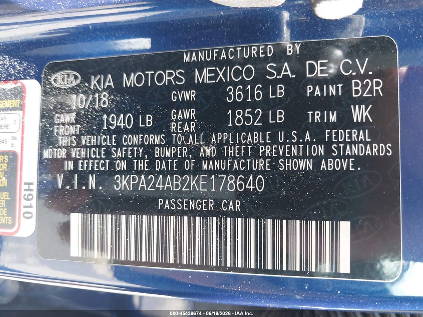 2019 Kia Rio VIN 3KPA24AB2KE178640 IAAI salvage auction — NORMAL WEAR, Clear (Utah), sold $2,550 on 2026-07-09 (photo 9)