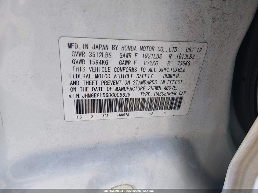 2013 Honda Fit VIN JHMGE8H56DC006628 IAAI salvage auction — RIGHT SIDE, Salvage (California), sold $2,800 on 2026-07-15 (photo 9)