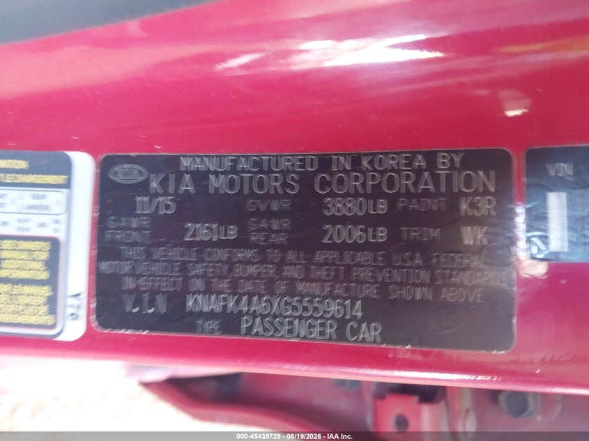 2016 Kia Forte VIN KNAFK4A6XG5559614 IAAI salvage auction — NORMAL WEAR, Restored (Arizona), sold $1,425 on 2026-07-07 (photo 9)