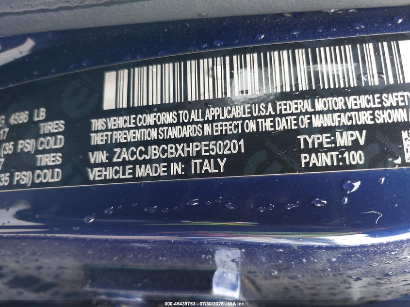 2017 Jeep Renegade VIN ZACCJBCBXHPE50201 IAAI salvage auction — NORMAL WEAR, Clear (Florida), sold $2,950 on 2026-08-05 (photo 9)