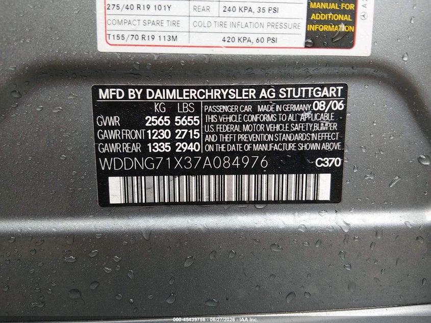 2007 Mercedes-benz S class VIN WDDNG71X37A084976 IAAI salvage auction — NORMAL WEAR, Clear (Alabama), sold $575 on 2026-07-27 (photo 9)