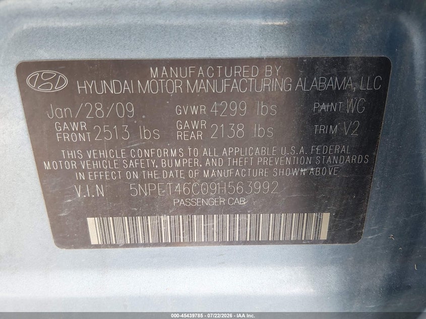 2009 Hyundai Sonata VIN 5NPET46C09H563992 IAAI salvage auction — NORMAL WEAR, Original (Texas), sold $275 on 2026-07-28 (photo 9)