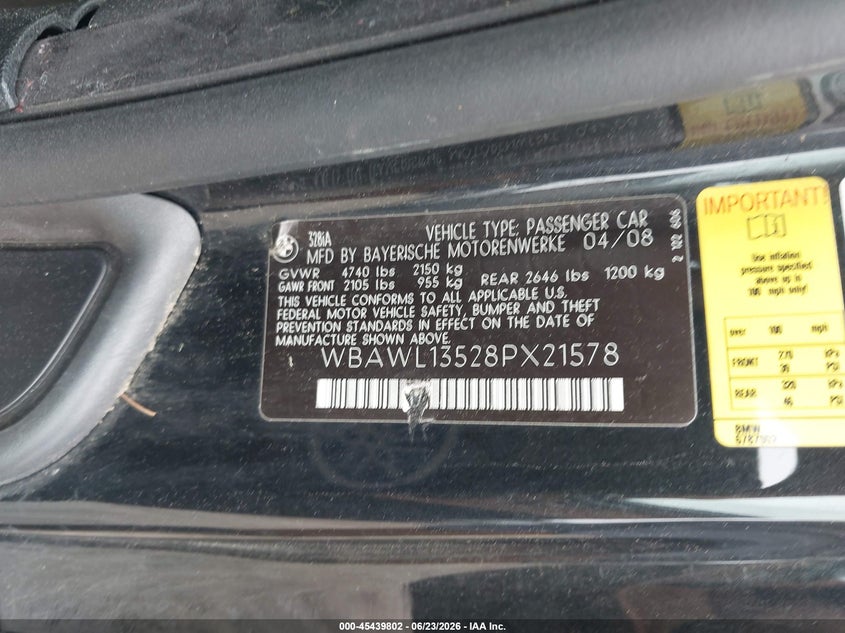 2008 BMW 3 series VIN WBAWL13528PX21578 IAAI salvage auction — RIGHT FRONT, Salvage (Massachusetts), sold $225 on 2026-07-31 (photo 9)