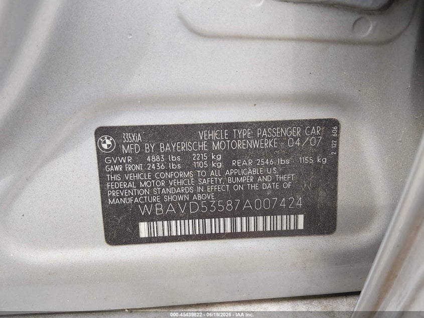 2007 BMW 3er VIN WBAVD53587A007424 IAAI salvage auction — NORMAL WEAR, Clear (Maryland), sold $850 on 2026-07-16 (photo 9)
