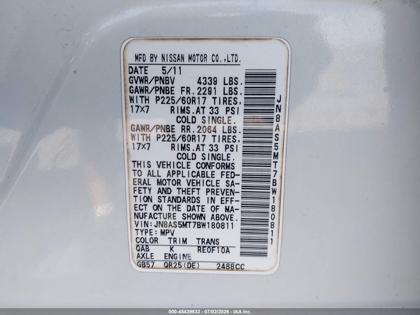 2011 Nissan Rogue VIN JN8AS5MT7BW180811 IAAI salvage auction — NORMAL WEAR, Clear (Florida), sold $25 on 2026-07-29 (photo 9)