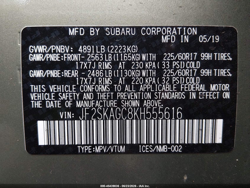 2019 Subaru Forester VIN JF2SKAGC8KH555616 IAAI salvage auction — SIDE, Salvage (Connecticut), sold $1,275 on 2026-07-30 (photo 9)