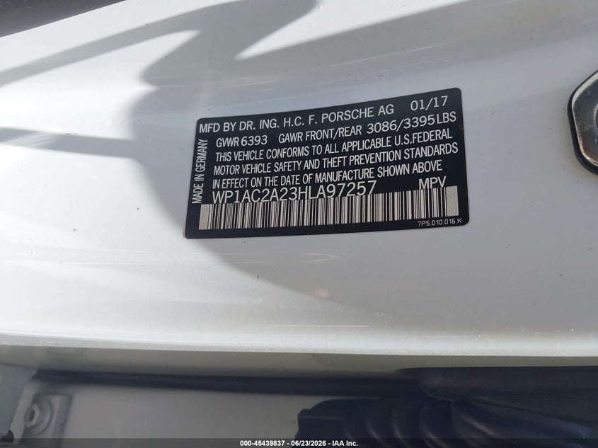 2017 Porsche Cayenne VIN WP1AC2A23HLA97257 IAAI salvage auction — BIO HAZARD, Salvage Title, sold $2,550 on 2026-07-23 (photo 9)