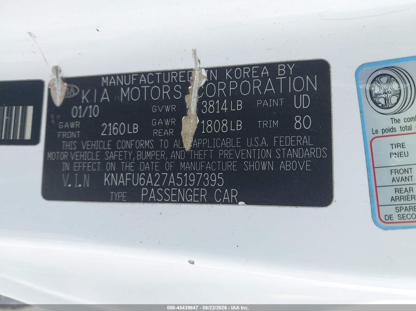 2010 Kia Forte VIN KNAFU6A27A5197395 IAAI salvage auction — FRONT & REAR, Salvage (North Carolina), sold $25 on 2026-07-29 (photo 9)