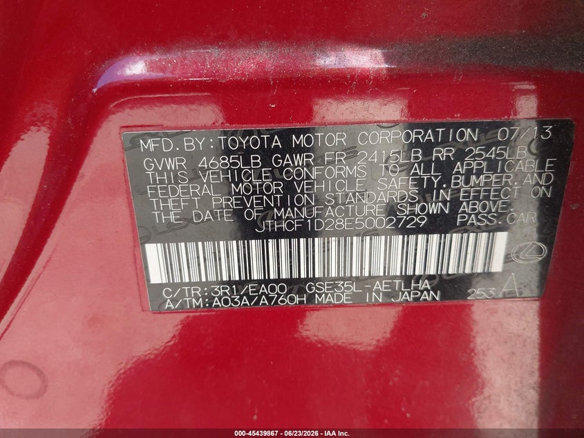 2014 Lexus Is 250 VIN JTHCF1D28E5002729 IAAI salvage auction — NORMAL WEAR, Repossession Paperwork (Georgia), sold $700 on 2026-07-15 (photo 9)