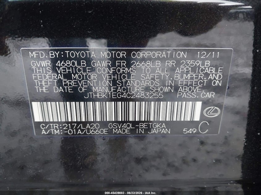 2012 Lexus VIN JTHBK1EG4C2483255 IAAI salvage auction — RIGHT FRONT, Mv-907A (New York), sold $3,300 on 2026-07-07 (photo 9)