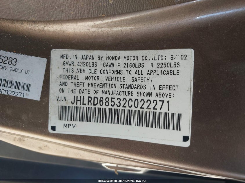 2002 Honda Cr-v VIN JHLRD68532C022271 IAAI salvage auction — NORMAL WEAR, Clear - Dealer Only (California), sold $650 on 2026-07-09 (photo 9)