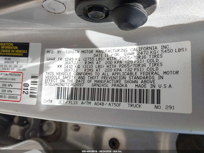2007 Toyota Tacoma VIN 5TELU42N27Z362097 IAAI salvage auction — SIDE, Clear (Virginia), sold $4,550 on 2026-07-12 (photo 9)