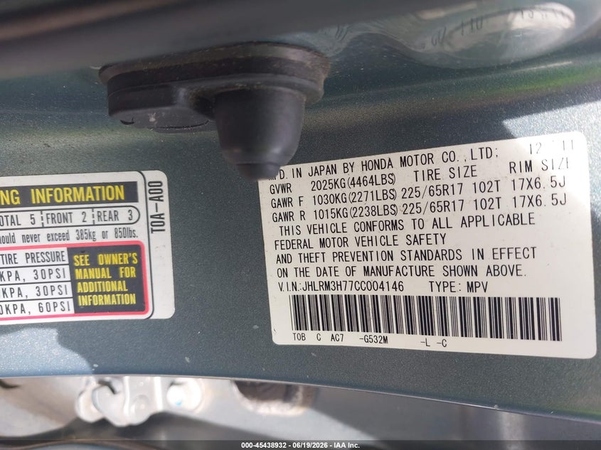 2012 Honda Cr-v VIN JHLRM3H77CC004146 IAAI salvage auction — NORMAL WEAR, Clear (Florida), sold $1,800 on 2026-07-22 (photo 9)