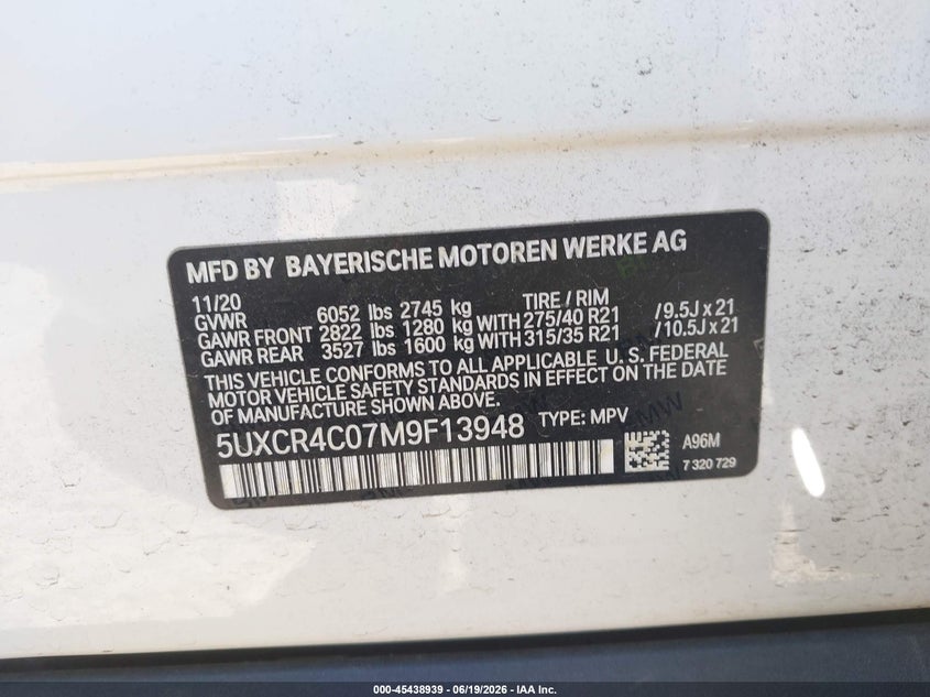 2021 BMW X5 VIN 5UXCR4C07M9F13948 IAAI salvage auction — FRONT & REAR, Salvage Title, sold $14,200 on 2026-07-27 (photo 9)