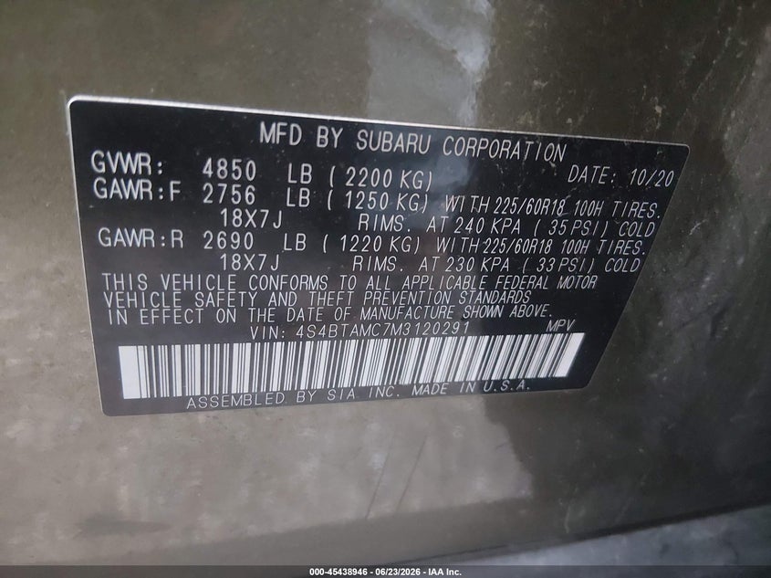 2021 Subaru Outback VIN 4S4BTAMC7M3120291 IAAI salvage auction — RIGHT FRONT, Salvage Title, sold $4,050 on 2026-08-02 (photo 9)