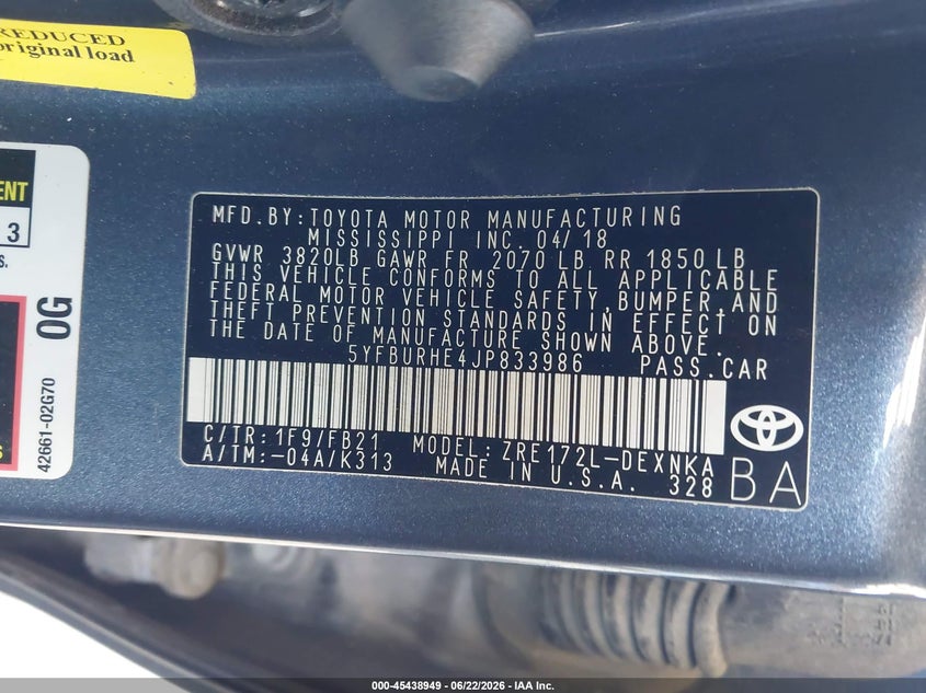 2018 Toyota Corolla VIN 5YFBURHE4JP833986 IAAI salvage auction — FRONT END, Salvage Title, sold $2,100 on 2026-07-31 (photo 9)