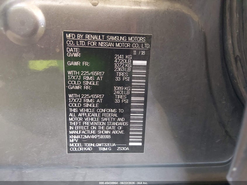 2019 Nissan Rogue VIN KNMAT2MV4KP516918 IAAI salvage auction — RIGHT FRONT, Salvage (Arizona), sold $1,450 on 2026-07-28 (photo 9)