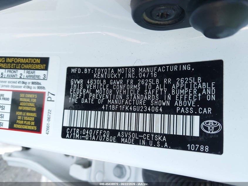2016 Toyota Camry VIN 4T1BF1FK4GU234064 IAAI salvage auction — FRONT & REAR, Salvage Title, sold $3,400 on 2026-07-24 (photo 9)
