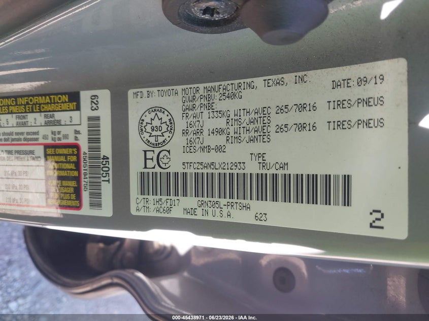 2020 Toyota Tacoma VIN 5TFCZ5AN5LX212933 IAAI salvage auction — REAR END, Junk Bill Of Sale Mv2459 (Wisconsin), sold $10,600 on 2026-07-05 (photo 9)