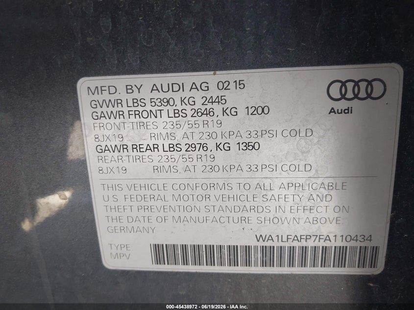 2015 Audi Q5 VIN WA1LFAFP7FA110434 IAAI salvage auction — NORMAL WEAR, Clear - Dealer Only (California), sold $1,700 on 2026-07-11 (photo 9)
