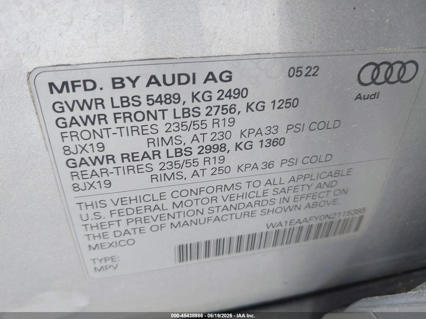 2022 Audi Q5 VIN WA1EAAFY0N2115385 IAAI salvage auction — FRONT END, Salvage (Massachusetts), sold $14,600 on 2026-07-24 (photo 9)