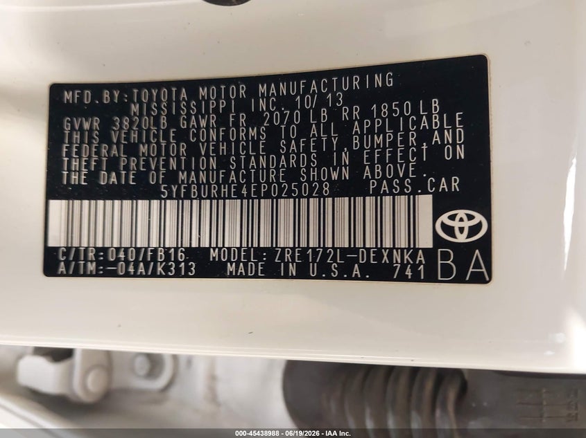 2014 Toyota Corolla VIN 5YFBURHE4EP025028 IAAI salvage auction — FRONT END, Salvage (Utah), sold $25 on 2026-07-29 (photo 9)