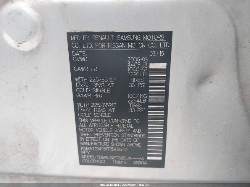 2015 Nissan Rogue VIN KNMAT2MT5FP548670 IAAI salvage auction — SIDE, Salvage (Texas), sold $1,400 on 2026-07-22 (photo 9)