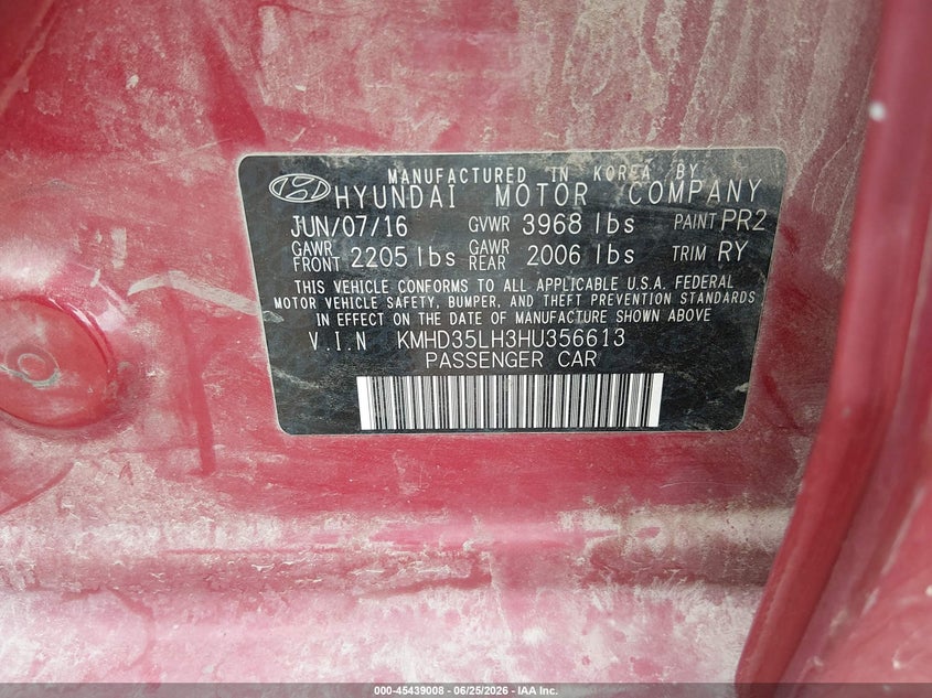 2017 Hyundai Elantra VIN KMHD35LH3HU356613 IAAI salvage auction — NORMAL WEAR, Clear-Dealer Only (Arizona), sold $2,150 on 2026-07-07 (photo 9)
