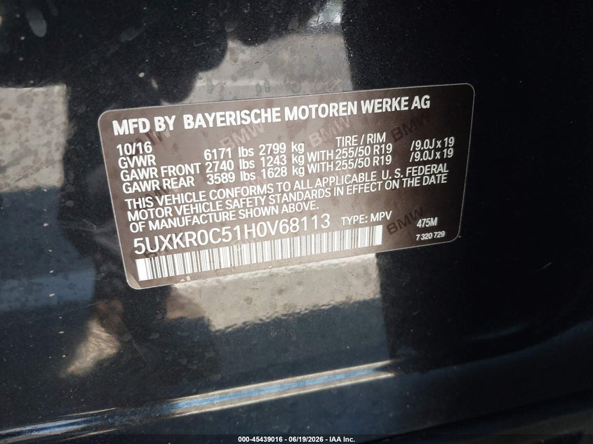 2017 BMW X5 VIN 5UXKR0C51H0V68113 IAAI salvage auction — NORMAL WEAR, Clear - Dealer Only (California), sold $6,800 on 2026-07-29 (photo 9)
