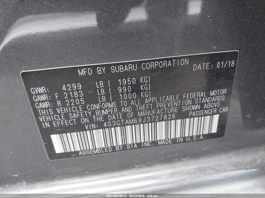 2018 Subaru Impreza VIN 4S3GTAM69J3727826 IAAI salvage auction — FRONT END, Salvage Title, sold $525 on 2026-08-01 (photo 9)