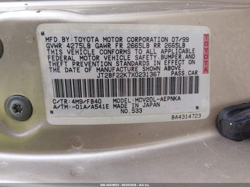 1999 Toyota Camry VIN JT2BF22K7X0231367 IAAI salvage auction — NORMAL WEAR, Clear - Public Restricted (Oregon), sold $1,900 on 2026-07-06 (photo 9)