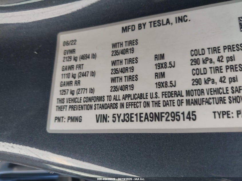 2022 Tesla Model 3 VIN 5YJ3E1EA9NF295145 IAAI salvage auction — REAR END, Salvage Title, sold $5,600 on 2026-07-20 (photo 9)