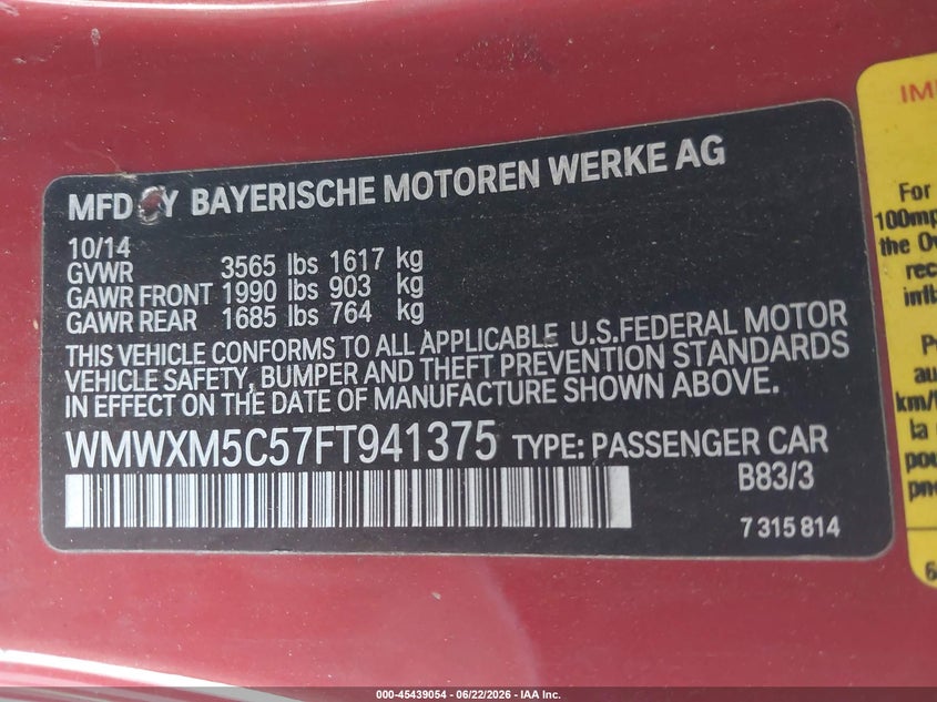 2015 Mini Hard top VIN WMWXM5C57FT941375 IAAI salvage auction — REAR END, Salvage (California), sold $800 on 2026-07-09 (photo 9)