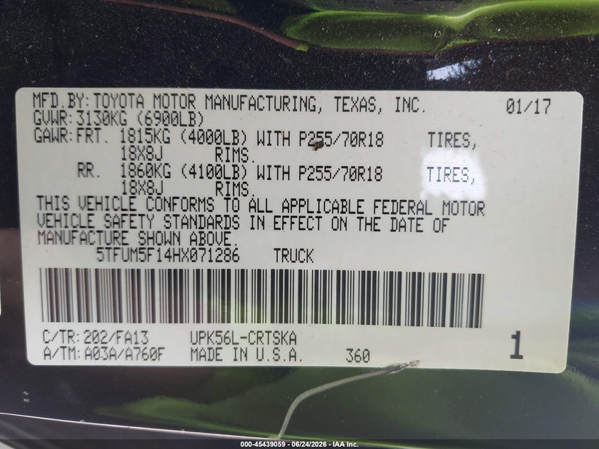 2017 Toyota Tundra VIN 5TFUM5F14HX071286 IAAI salvage auction — LEFT FRONT, Salvage (Tennessee), sold $3,600 on 2026-07-08 (photo 9)