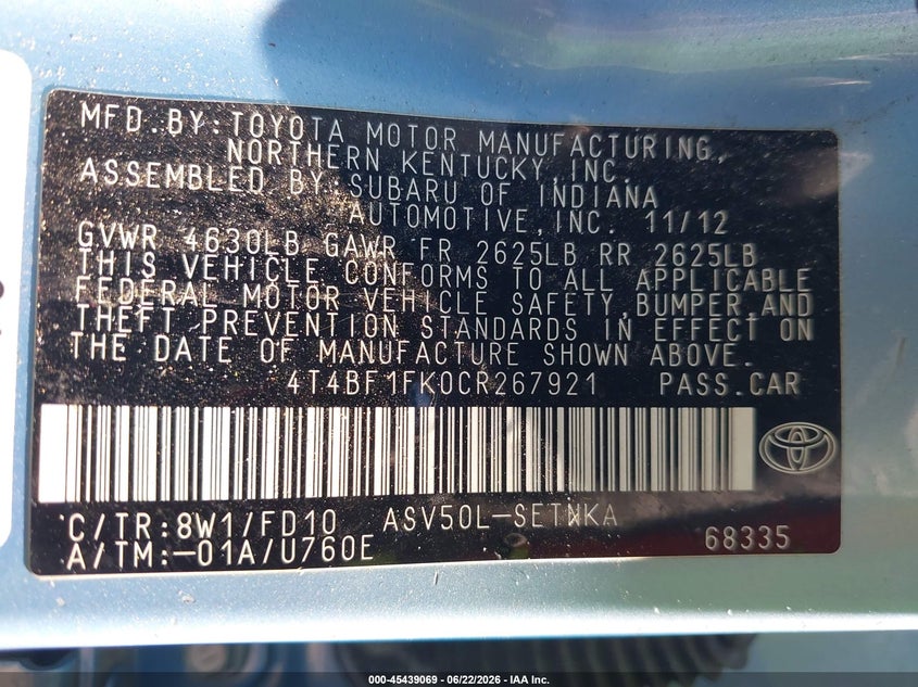 2012 Toyota Camry VIN 4T4BF1FK0CR267921 IAAI salvage auction — SIDE, Salvage Title, sold $1,550 on 2026-07-26 (photo 9)