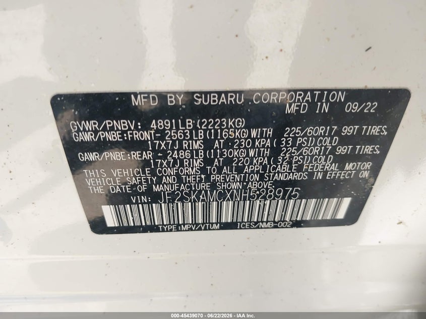 2022 Subaru Forester VIN JF2SKAMCXNH528975 IAAI salvage auction — WATER/FLOOD, Salvage (California), sold $9,650 on 2026-07-08 (photo 9)