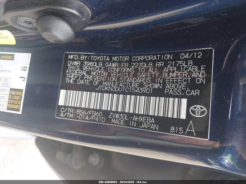 2012 Toyota Prius VIN JTDKN3DU1C1543901 IAAI salvage auction — RIGHT SIDE, Clear (Washington), sold $400 on 2026-07-21 (photo 9)