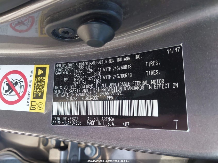 2018 Toyota Highlander VIN 5TDZARFHXJS034337 IAAI salvage auction — LEFT FRONT, Salvage Title, sold $6,000 on 2026-07-08 (photo 9)