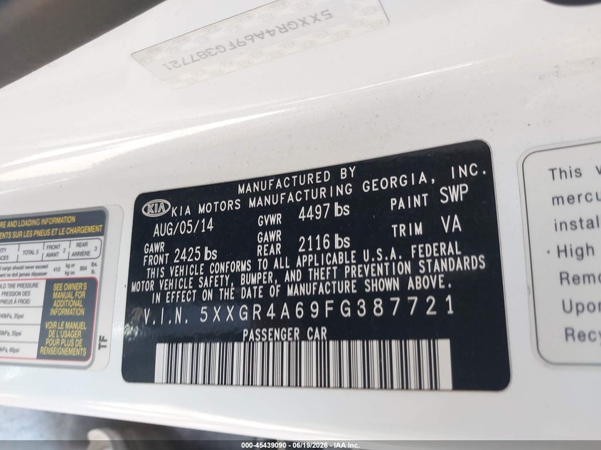 2015 Kia Optima VIN 5XXGR4A69FG387721 IAAI salvage auction — LEFT FRONT, Salvage Title, sold $1,100 on 2026-07-29 (photo 9)