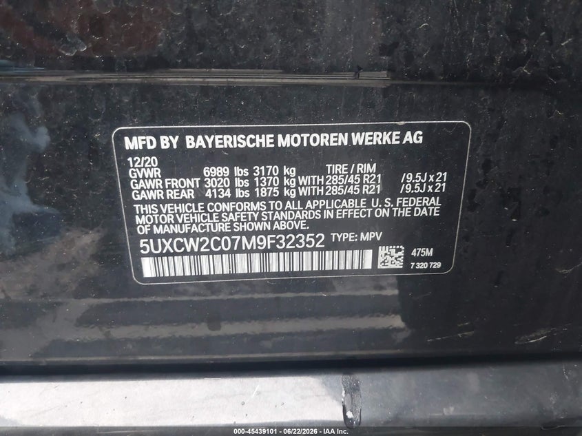 2021 BMW X7 VIN 5UXCW2C07M9F32352 IAAI salvage auction — FRONT END, Mv-907A (New York), sold $15,100 on 2026-07-28 (photo 9)