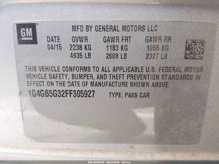 2015 Buick Lacrosse VIN 1G4GB5G32FF305927 IAAI salvage auction — LEFT FRONT, Salvage (Mississippi), sold $1,200 on 2026-07-30 (photo 9)