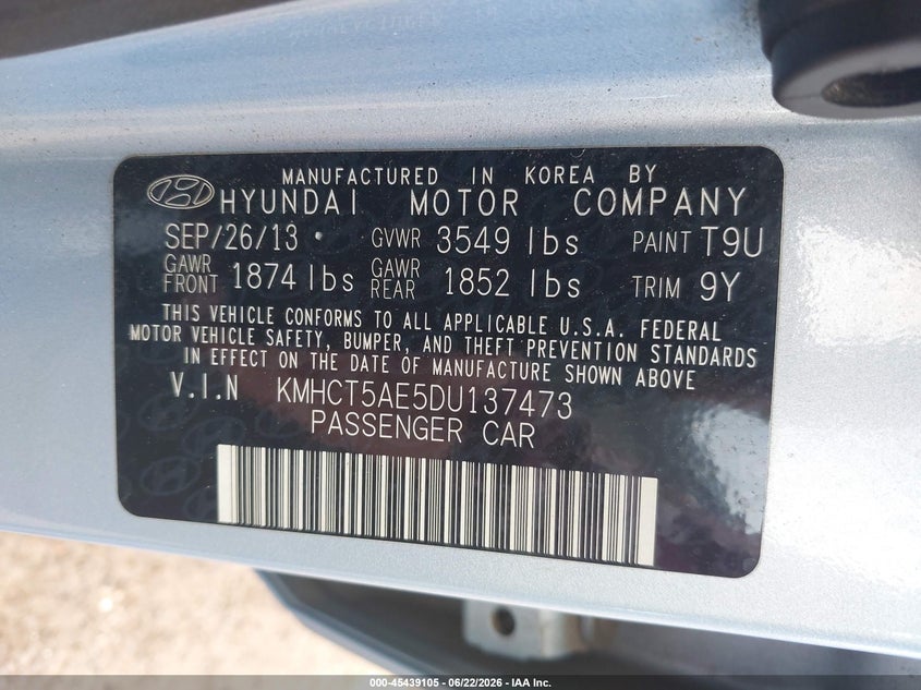 2013 Hyundai Accent VIN KMHCT5AE5DU137473 IAAI salvage auction — FRONT END, Salvage Title, sold $175 on 2026-07-28 (photo 9)