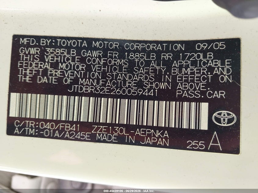 2006 Toyota Corolla VIN JTDBR32E260059441 IAAI salvage auction — NORMAL WEAR, Clear (Tennessee), sold $2,550 on 2026-07-16 (photo 9)