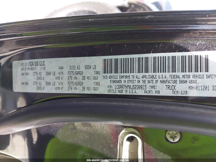 2018 Ram 1500 VIN 1C6RR7NM0JS230815 IAAI salvage auction — NORMAL WEAR, Salvage Title, sold $3,450 on 2026-07-27 (photo 9)