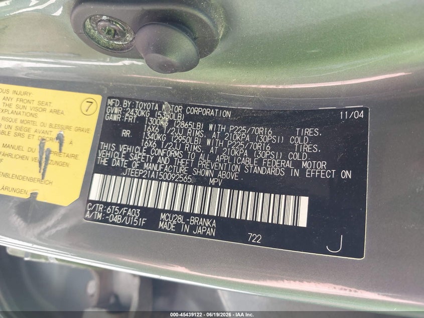 2005 Toyota Highlander VIN JTEEP21A150092565 IAAI salvage auction — NORMAL WEAR, Clear (Illinois), sold $875 on 2026-07-27 (photo 9)