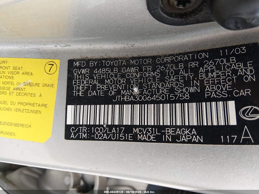 2004 Lexus Es 330 VIN JTHBA30G645015758 IAAI salvage auction — NORMAL WEAR, Clear (South Carolina), sold $500 on 2026-07-29 (photo 9)